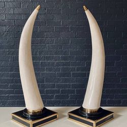 Pair of Post Modern Faux Tusks on Tessellated Marble & Brass Bases by Marquis Collection of Beverly Hills, c.1980s - Delivery Available 