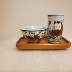 Japanese Antique Sake Tea Set With Traditional Serving Tray Cup Glass Porcelain 
