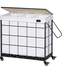Brand New Laundry Hamper with Heavy Duty Caster Wheels; 3 Sections Clothes Hamper with Lid; 132L Laundry Basket with Removable Liner Bag; Laundry Sort