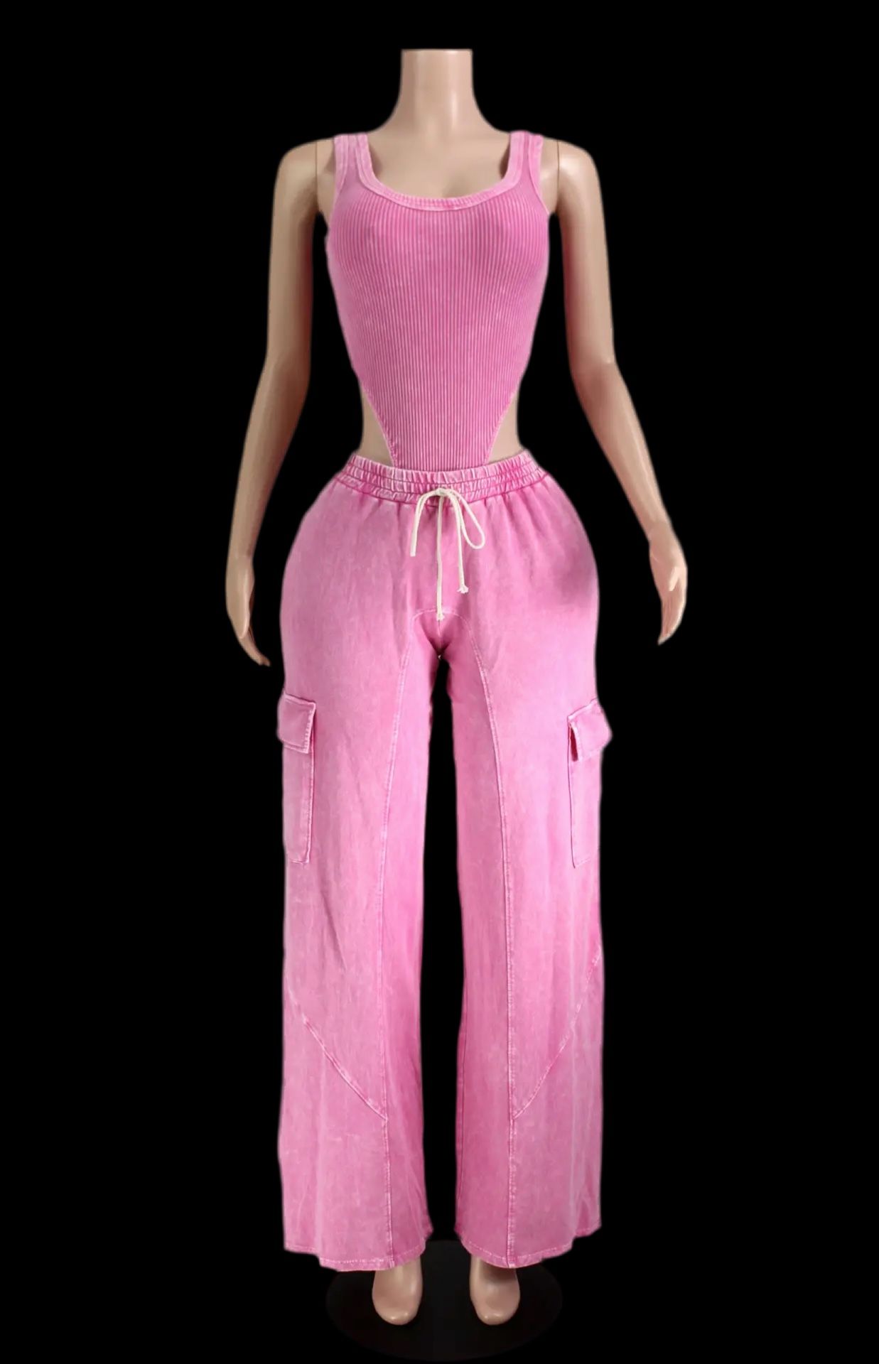 Mineral Wash Sleeveless Bodysuit & Cargo Pant Set