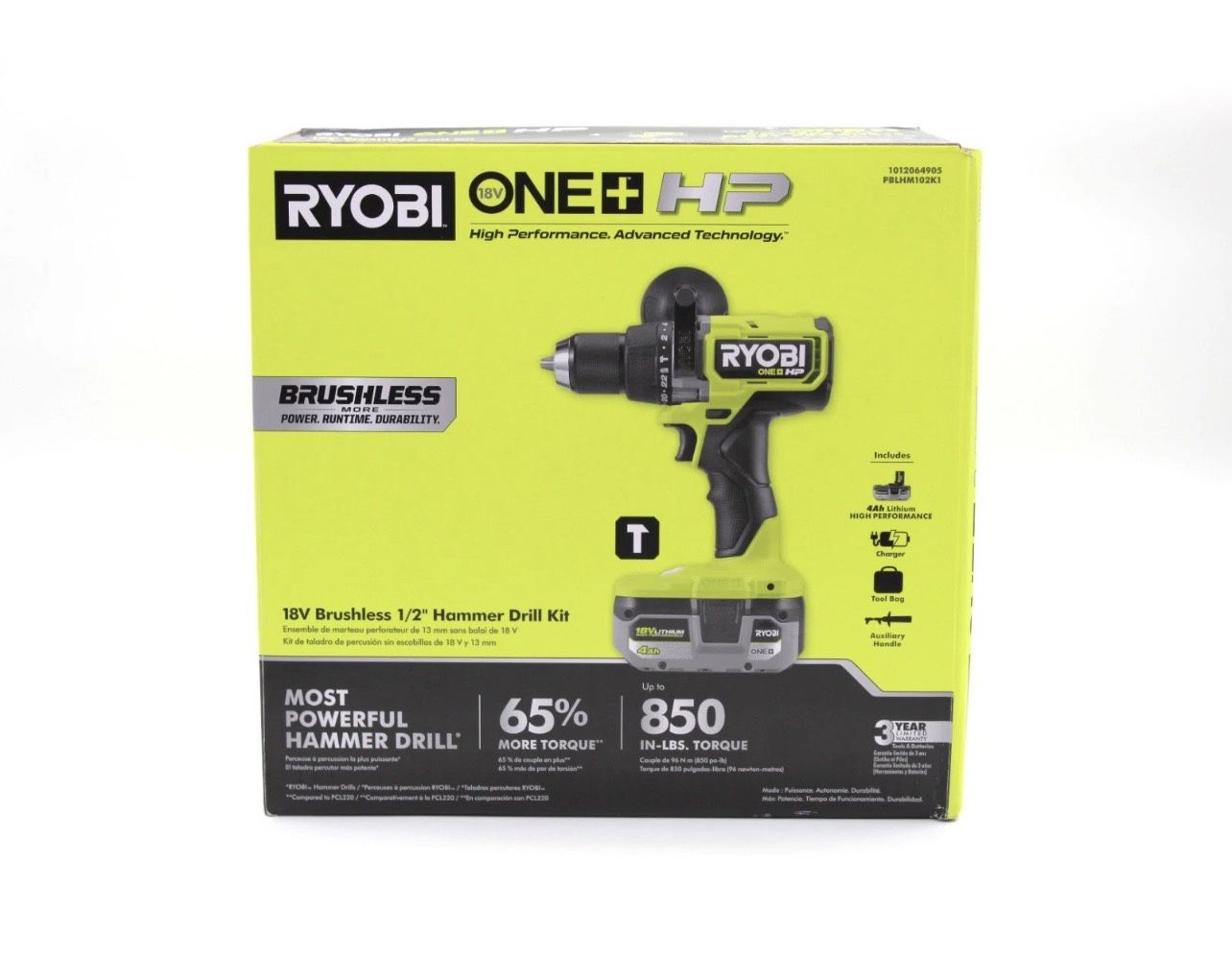 NEW Ryobi ONE+ HP 18V Brushless 1/2" Hammer Drill Kit (PBLHM102K1) β 4Ah Battery