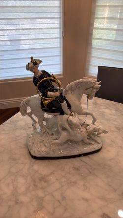 Royal Dux Fox Hunt Rider on Horse With Dogs Porcelain Figurine Sculpture – Blue & White