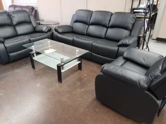 3 pc black bonded leather sofa, love and chair