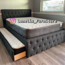 Full/Twin Gray Frenchi Tufted Trundle Beds W. Ortho Mattresses Included 