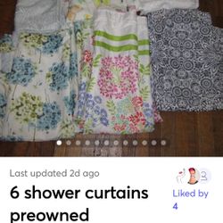 6 Preowned Shower Curtains Variety of patterns, suitable for repurposing.