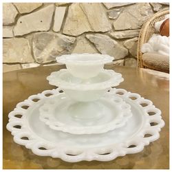 4 Tiered Open Lace Milk Glass Platters and Candy Bowls