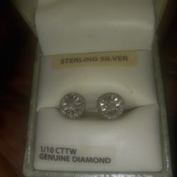 1/10 Sterling Silver Genuine Diamond Earrings 