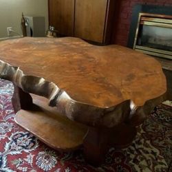 One of a Kind Burl Table with Live Edge  Vintage slab burl coffee table  