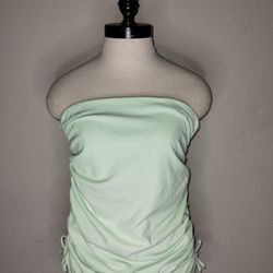 NEW Zara Strapless Top Tube Green Color With Zipper Back Ruched Sides Medium