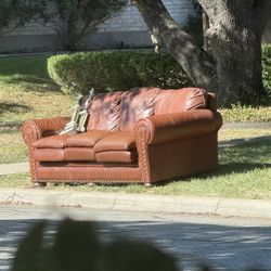 Free Brown Leather Sofa w/ Nailhead Trim * Nice Condition!