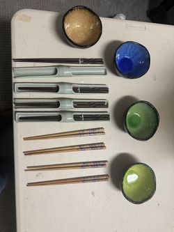 Rice Bowls, Chopstick Holders And Carved Chopsticks.
