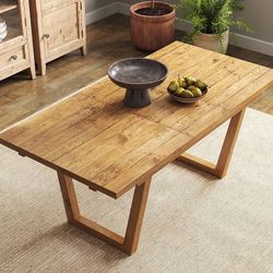  55"-71" Extendable Dining Table for 6-8 People Farmhouse Rectangular Long Expanding Table with Solid Wood Frame for Space Saving, Dining Room, Kitche