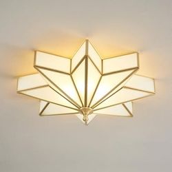 Star Flush Mount Ceiling Light: 20 Inch Brass Milk Glass Lighting Fixture, Mid Century Moravian