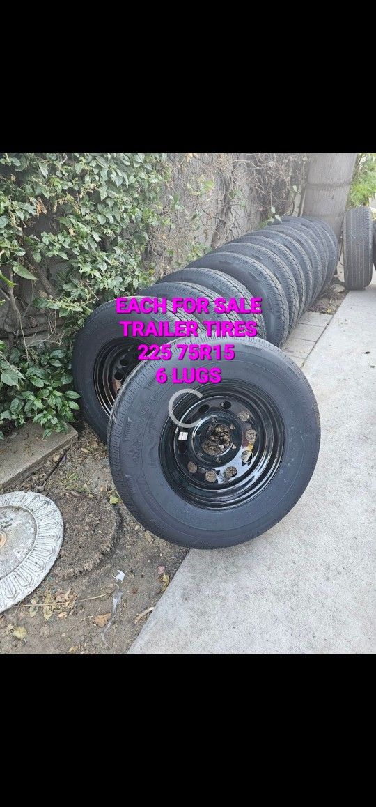 FOR SALE EACH TIRE WITH RIM ONLY FOR TRAILERS RADIAL 225 75R15 6 LUGS COLOR BLACK FOR ANY QUESTION TEXT ME PLEASE HABLO ESPAÑOL THANKS FOR WATCHING