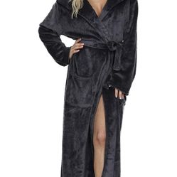 New in bag Womens Hooded Dressing Gown Flannel Fleece Bathrobe and Towelling Robe (Medium , Dark Grey)