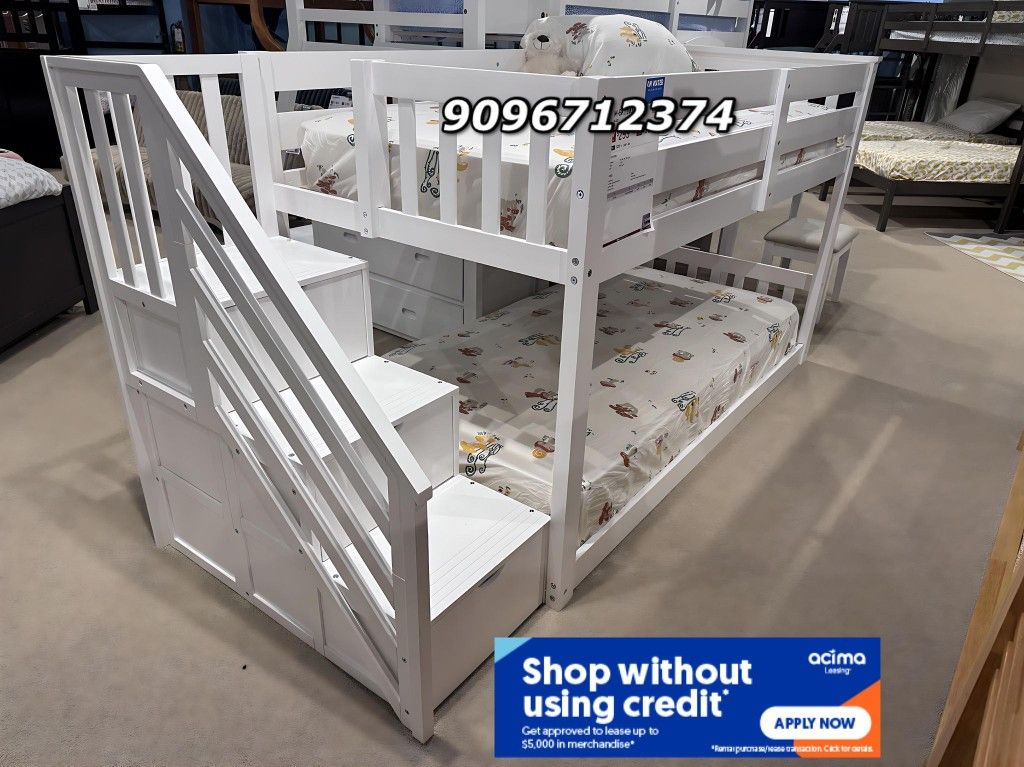 Twin Twin Size White Bunkbed With Ortho Mattress Colchon