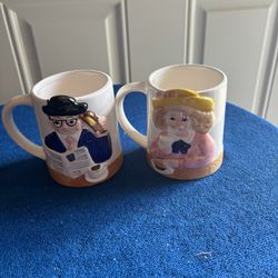 Two Vintage Coffee Tea Mugs 3D Man Woman Business Lunch Breakfast Kitsch