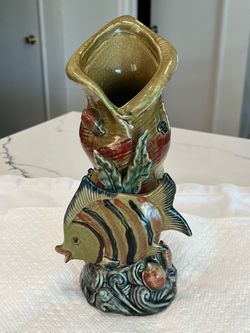 Vintage Majolica Style Angelfish Ceramic Vase