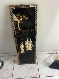 Oriental Black Lacquer Chinese Asian  Panel Mother Pearl Type Wall Decor VTG