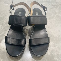 Michael Michael Kors Josephine Leather Peep Toe Wedge Sandal Black Size 9