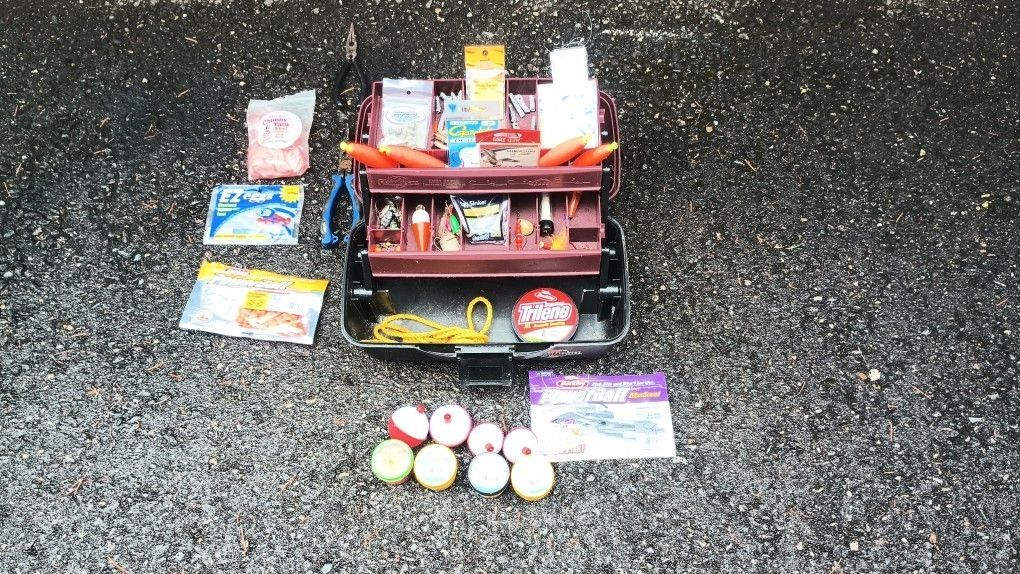 Tackle Box, Lures, Pliers, Hooks, Line And Floats
