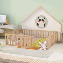 Wood Queen Size Floor Bed Frame With Fence And Door
