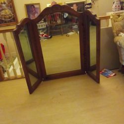 Vintage Real Wood Tri Pane Beveled Mirror 