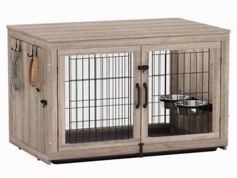 43 inch XL Dog Crate Furniture with 360°Rotatable Removable Dog Bowls, Dog Crate End Table with Tray, Double Doors Dog Kennels for Dogs(XL:43.2"