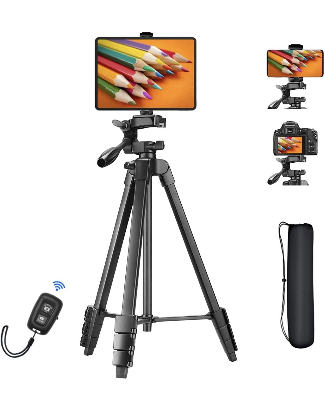 63" Tripod for iPad and iPhone, Camera Tripod Stand for Cell Phone/Tablet 4"-12.9",Aluminum Portable Travel Tripod Mount with Remote & Carry 
