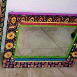 Bohemian Handmade Large Mirror. Colorful Indian Ribbons. OOAK. EUC. 24"x20" 