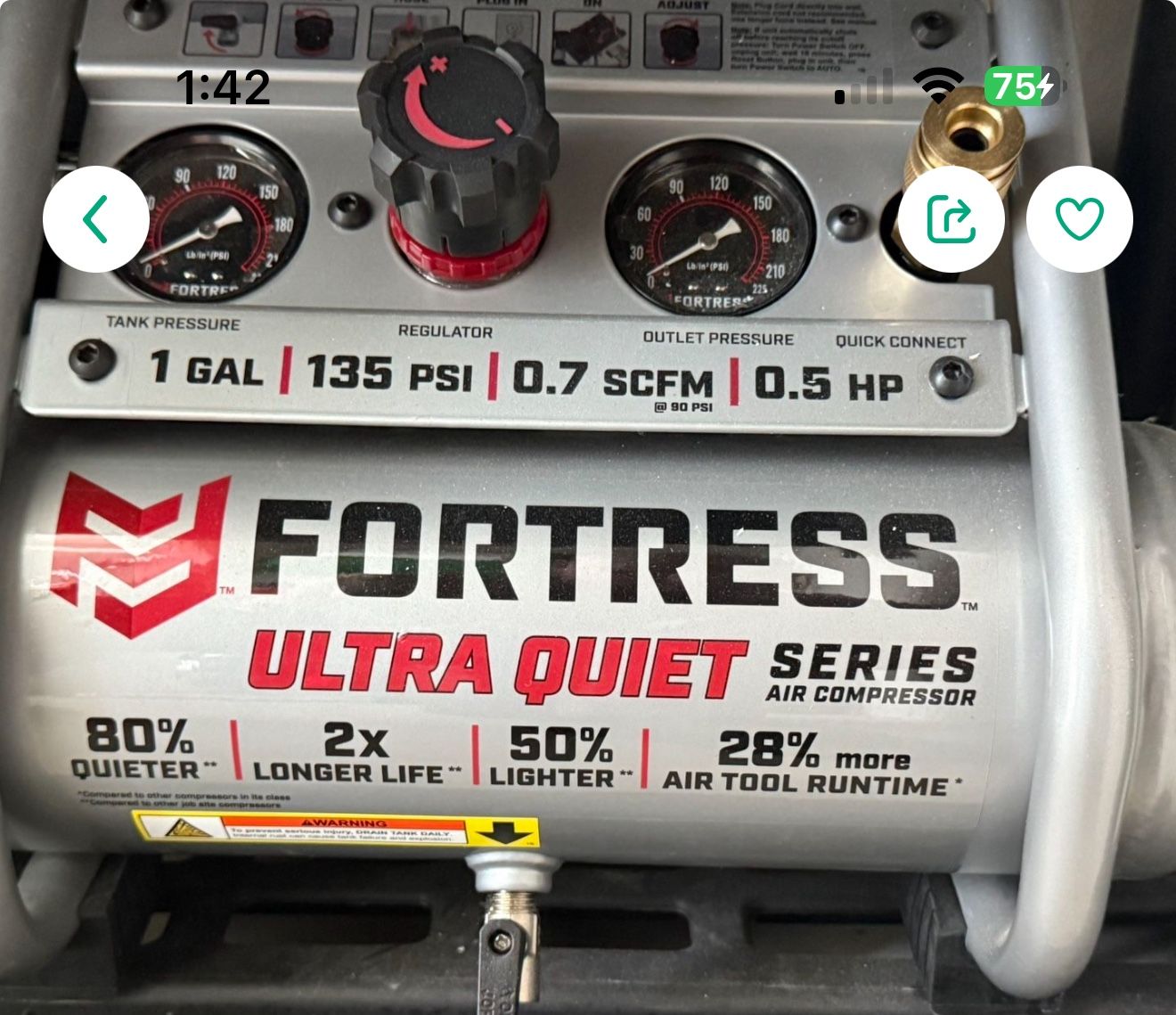 Brand new 1 gallon fortress, ultra quiet series, air compressor with hose and accessories