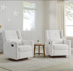 Upholstered Recliner Swivel Glider Nursery Chair Reclining Performance Fabric Rocker with Metal Base,Basketweave,Cream