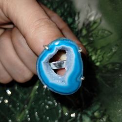 Blue Solar Agate Geode Ring (Sz6.75)