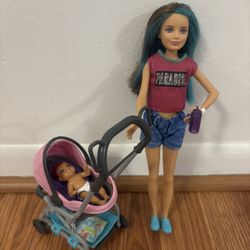 Barbie and baby doll babysitter skipper with stroller