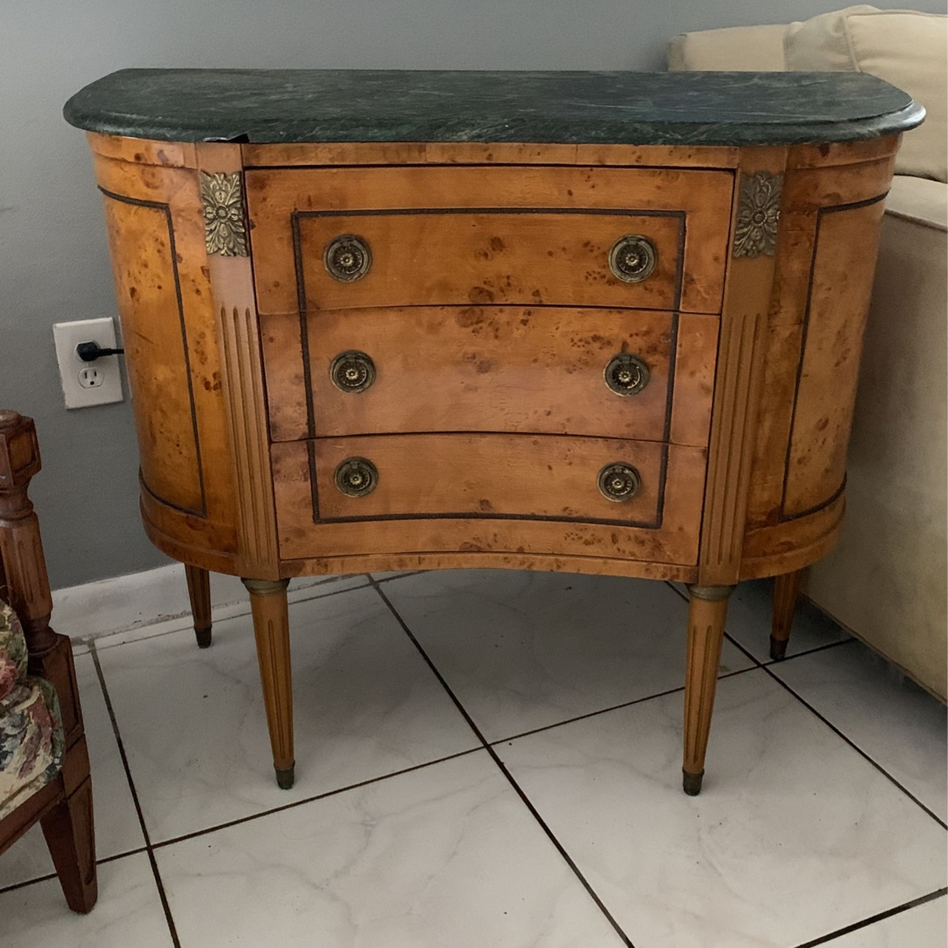 1 Vintage Burl Wood End Table, 3 Drawer Storage Organizer w/ Green Marble Top [Price Negotiable]