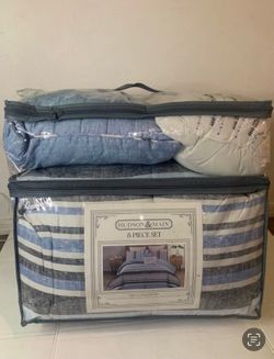 King Size  8 piece set blue stripped comforter Set Bedding