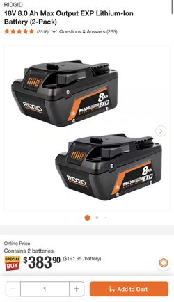 Brand New 18V 8.0 Ah Max Output EXP Lithium-Ion Battery (2-Pack)