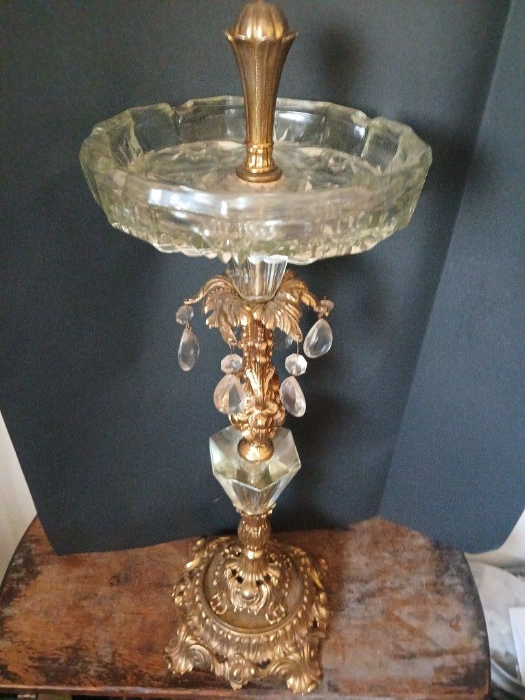 Vintage 1970's L&L WMC Hollywood Regency Crystal Glass and Cast Brass Floor Smoke Stand (24" tall)