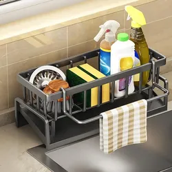 Sponge Holder Kitchen Sink Caddy Organizer with Self-draining Tray Towel Rack