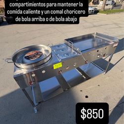carrito para Tacos con plancha gruesa de fierro 20 × 36 tres compartimientos y comal chorizero