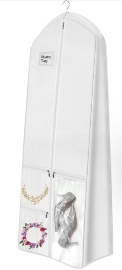 72" Wedding Dress Garment Bag with 10" Gusseted Dress Bags for Gowns Long 4 Pockets Dress Cover for Women, White