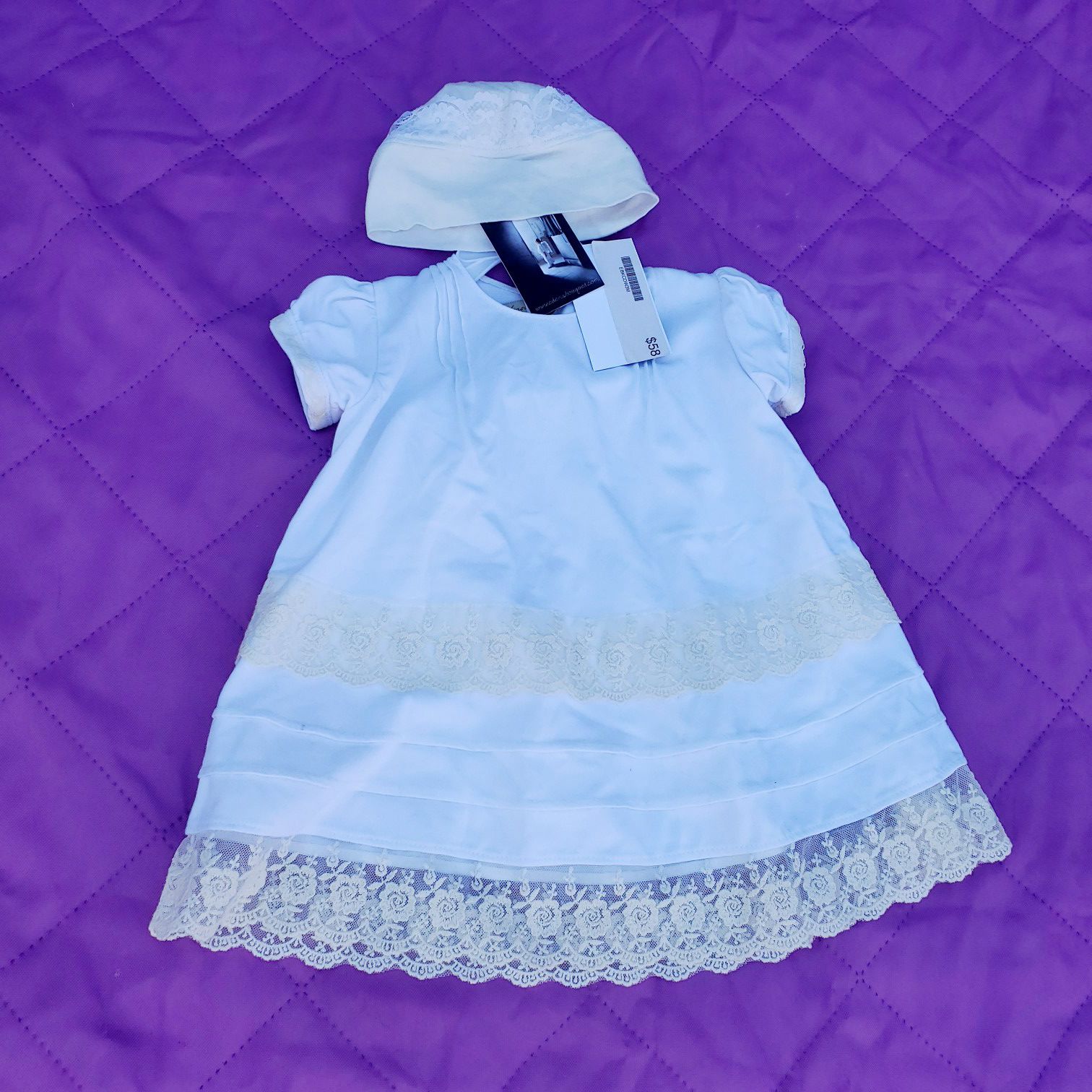 NEW!! ONE OF A KIND SPECIAL WHITE AND CREAM LACE BABY GIRL DRESS W/ MATCHING HAT AND RATTLE STUFFED BEAR