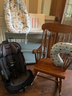Solid oak rocking chair, Graco baby changing table, car seat, boppy nursing pillow(washable cover), portable bed(washable cover)