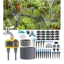 150FT Drip Irrigation System Kit with 2 Zone Water Timer for Garden High-Flow Mainline Automatic Watering System, 16PCS Adjustable Nozzles & Fast-Plug