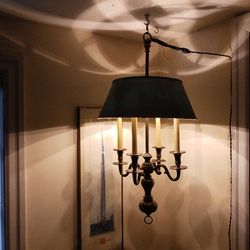 Solid Brass Hanging Lamp With Verdigris Copper Patina Shade Antique Colonial Classic Traditional Style Quality With Braided Cord And  Cord Cover