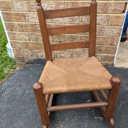 Antique Vtg Child's Wooden Rocking Chair Wicker Rush Four-way Woven Seat Ladder Back