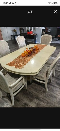 Cream Wood Dining Table with 6 Chairs