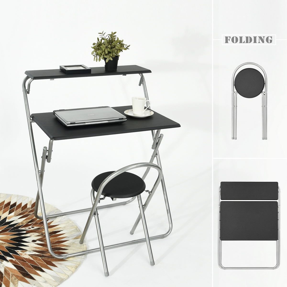 Homy Casa Longyan 29.3” 2PC Folding Computer Desk and Stool Set Black Dual Tier Workstation with Storage Shelf