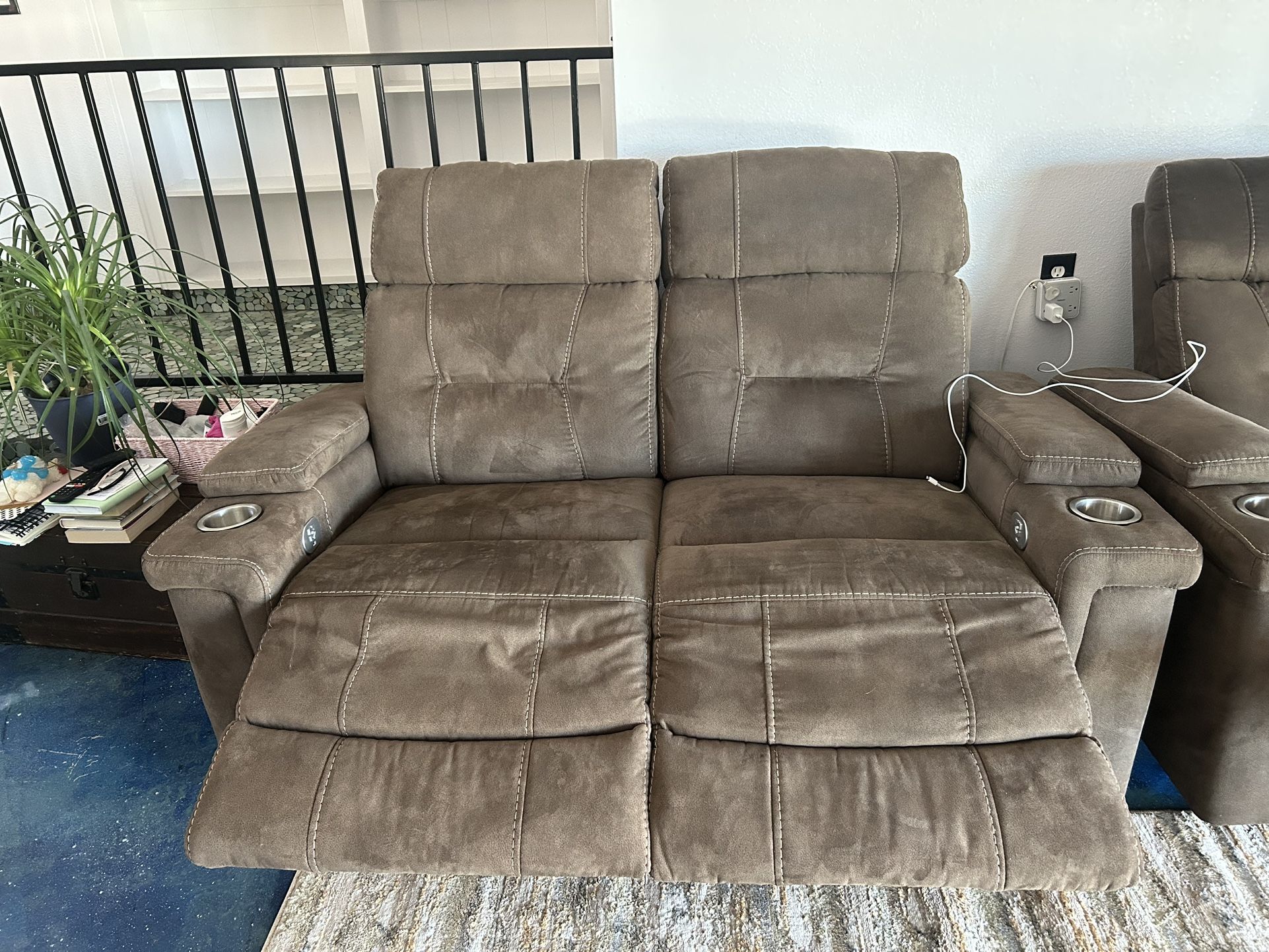 Brown Suede Electric Reclining Couch Set