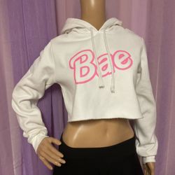 Bae Crop Top Hoodie White With Pink Lettering Cotton Braided Drawstring